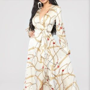 Satin wrap dress chain print